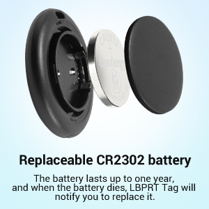 Text reads 'Replaceable CR2302 battery'. Close-up product shots showing a small black electronic device with battery replacement feature.