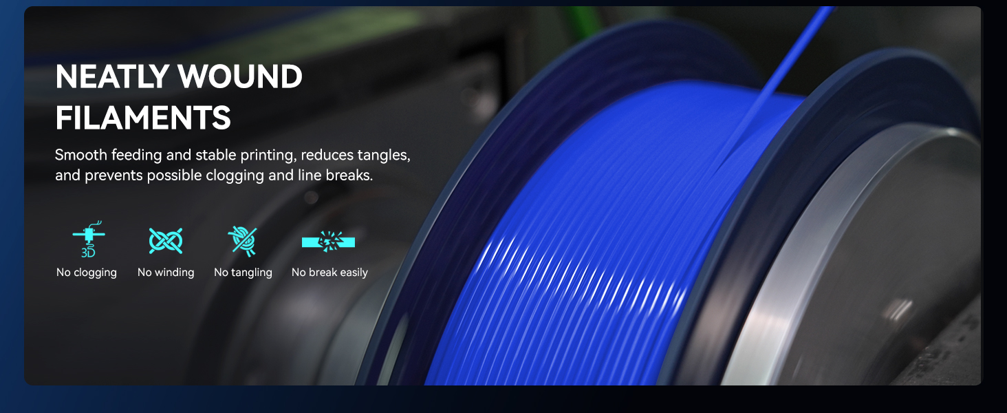 Blue 3D printer filament spool against black background with text overlay describing filament specifications and properties.