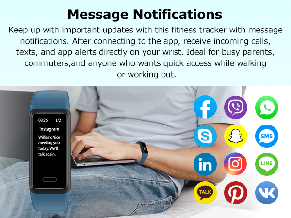 Fitness tracker smartwatch with message notifications, text alerts, calls and app notifications