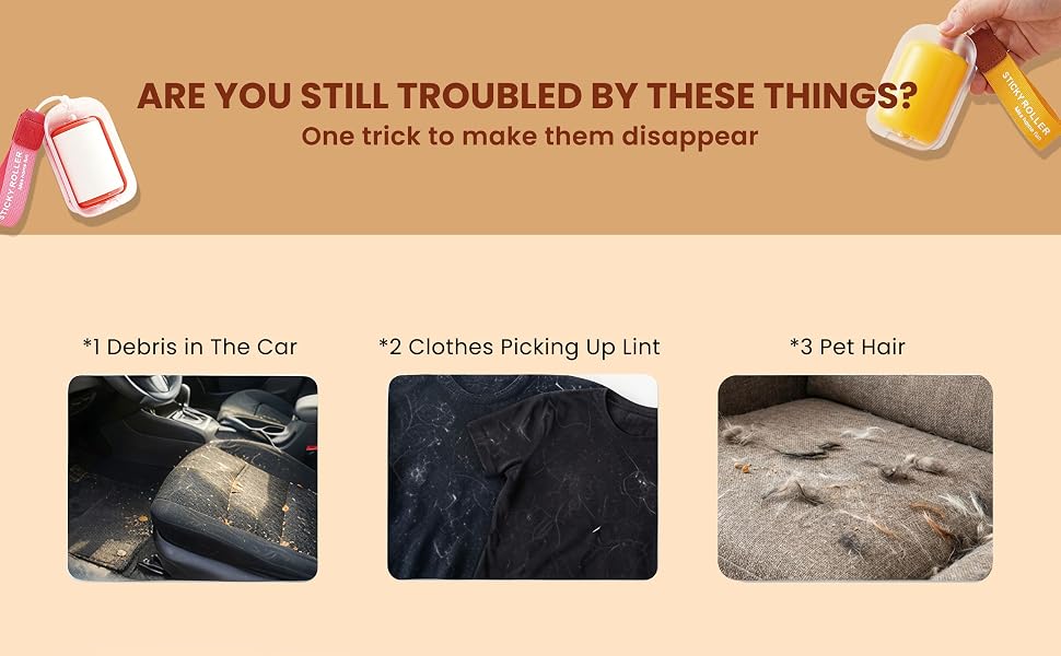 Solve cleaning troubles: debris in car seats, lint on black clothes, and pet hair on sofa furniture.