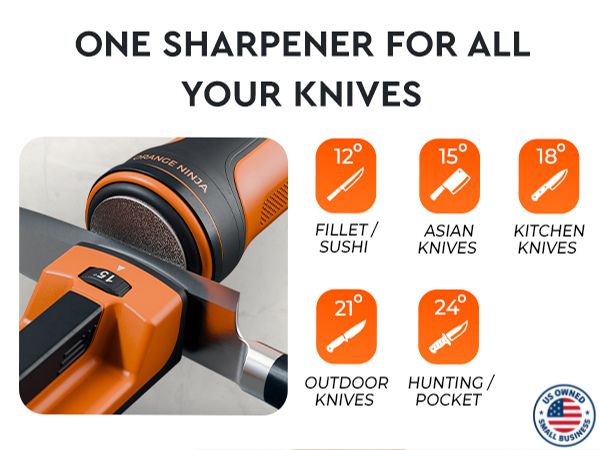 Compact electric knife sharpener with rolling discs, ceramic finish, magnetic guide