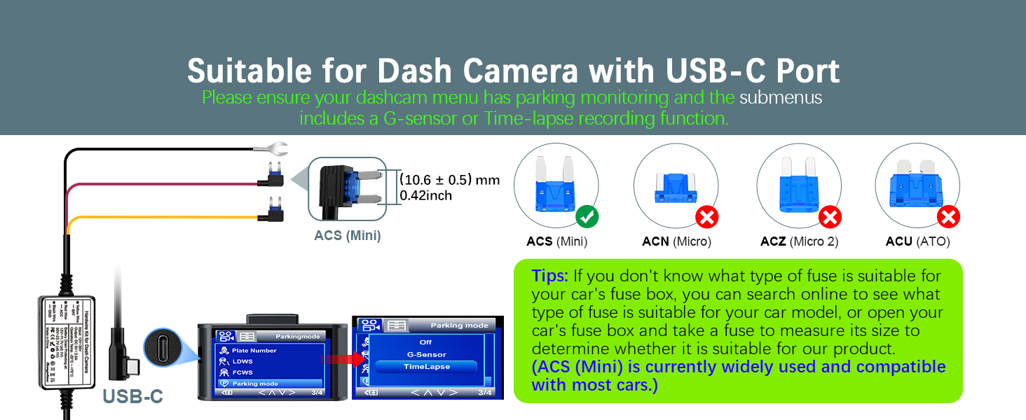Range Tour Dash Cam Hardwire Kit USB-C Port, 5V/2.5A (also suitable for 1- 2A)