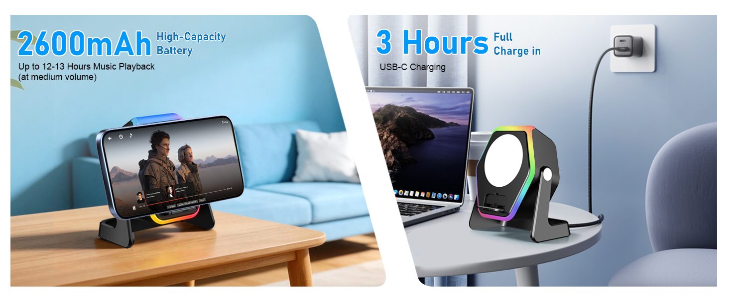 Text reads '2400mAh' and '3 Hours'. Multi-panel image showing charging capabilities and device placement on desk and furniture surfaces.