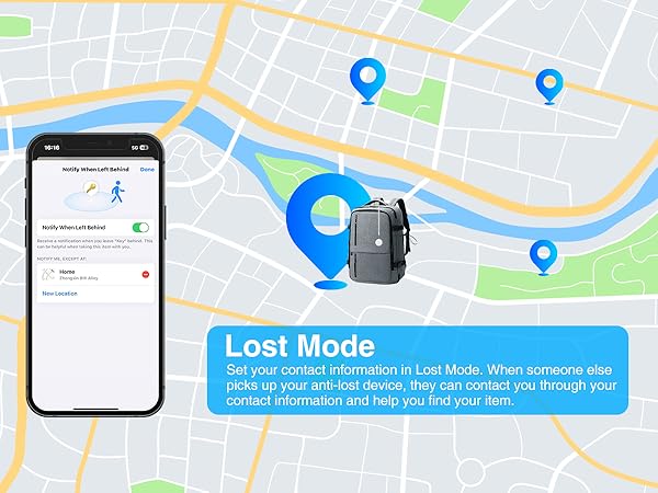 Text reads 'Lost Mode'. Screenshot showing smartphone and smartwatch tracking interface on map background with multiple blue location pins. Demonstrates device location tracking feature.