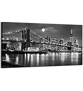 LevvArts - Black and White New York Picture Brooklyn Bridge Canvas Wall Art Full Moon Night Manha...