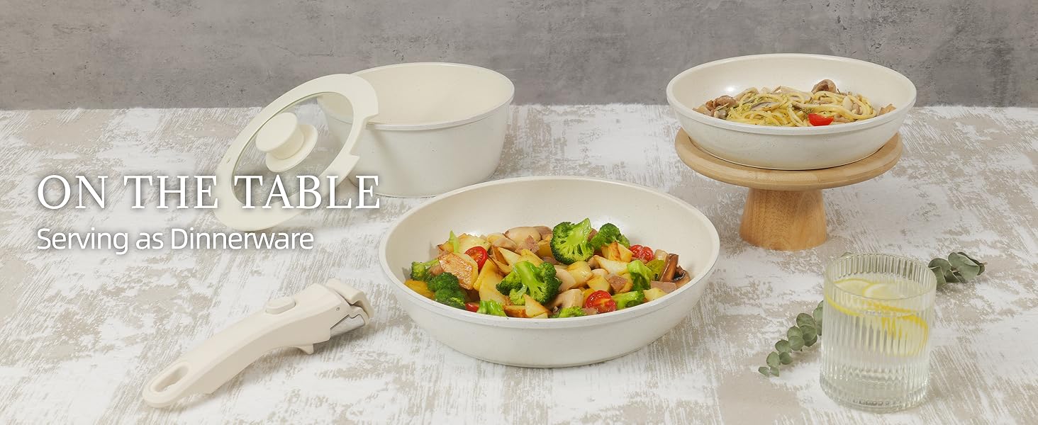 pots and pans set non stick cream white