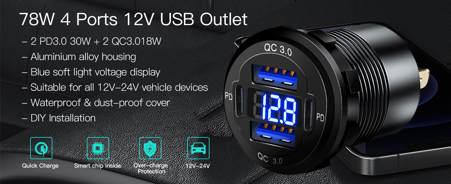 12V USB Outlet Aluminum Charger 78W Multiple USB Port for Car USB C Cigarette Lighter Replacement