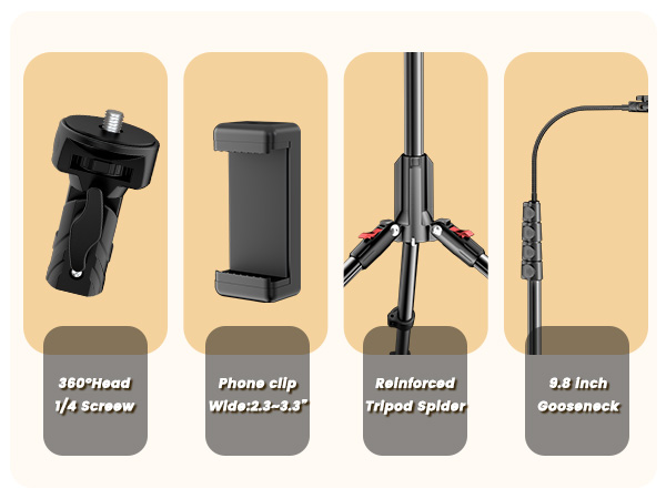 Features: 360° Head with 1/4" Screw | 2.3"-3.3" Phone Clip | Reinforced Spider | 9.8" Gooseneck.