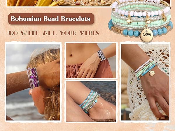 Bohemian Stackable Bead Bracelets for Women Stretch Bohemian Style Multilayered Boho Bracelet