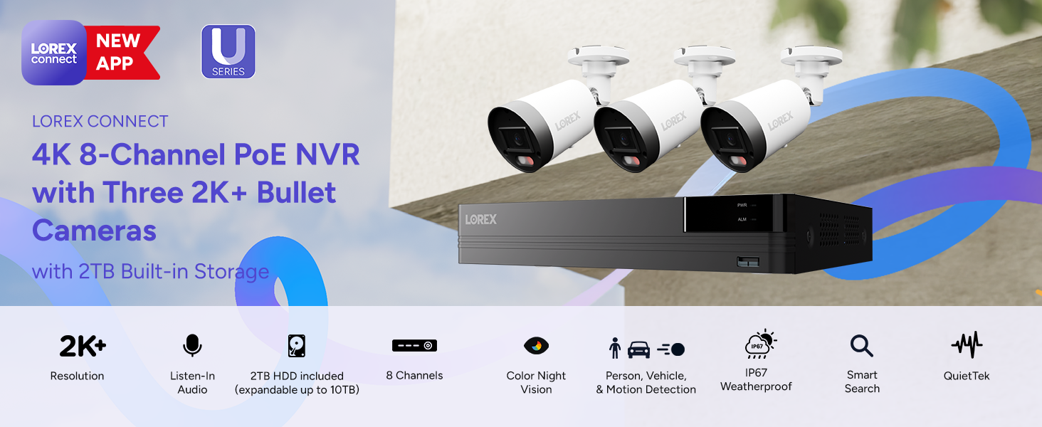 Lorex Connect 4K 8 Channel PoE NVR with Three 2K+ Bullet Cameras