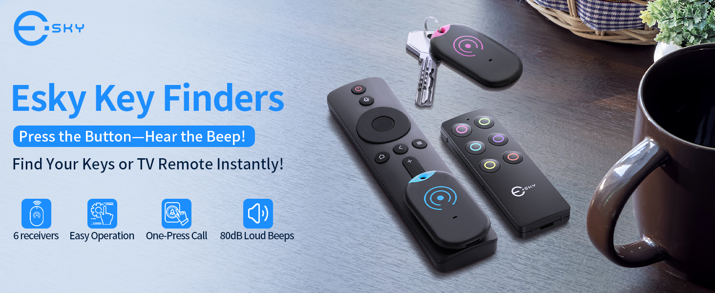 Esky Ultra Slim Key Finder, TV Remote Finders Locator with 80dB Sound 6 Receivers Wallet Trackers