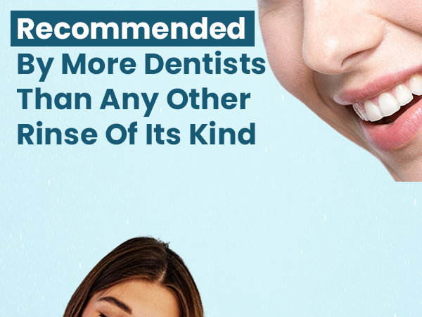 Smiling woman highlighting daily oral care routine with alcohol-free fluoride mouth rinse