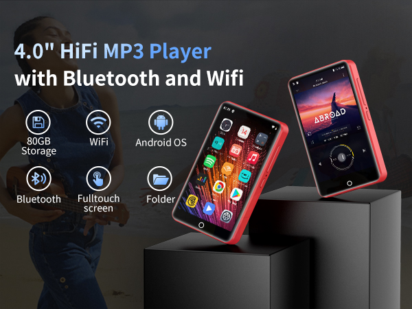 4.0-inch MP3 player with Bluetooth and WiFi capabilities, featuring fulltouch screen, Android OS, and 80GB storage, shown in red casing.