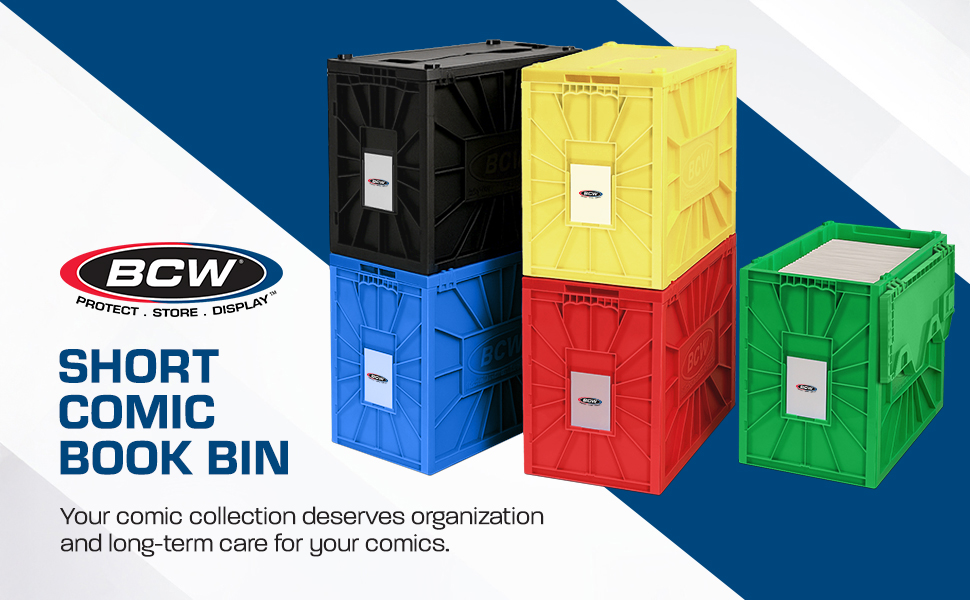 Stacked BCW Short Comic Book Bins showing compact, durable storage for comic collections.