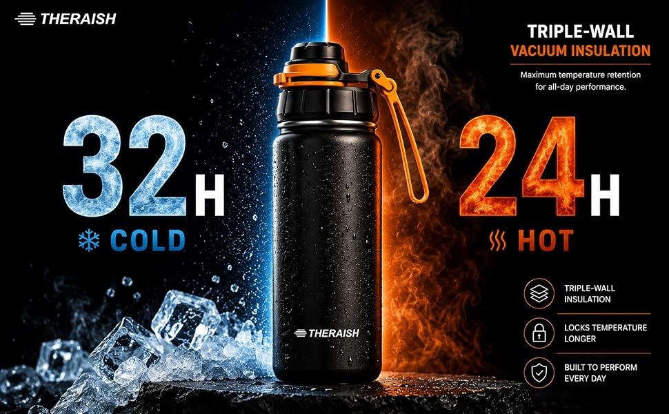 Black THERAISH vacuum insulated water bottle with wide mouth lid and BPA-free leak-proof design.