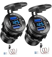 12V USB Outlet, 4 Port Aluminum Charger Socket 2 C PD &amp; 2 QC3.0 with Voltmeter, 12V/24V Car USB C...