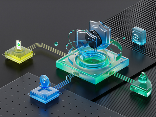 3D render of colorful, translucent geometric shapes on a black grid surface, suggesting a tech or design concept visualization.
