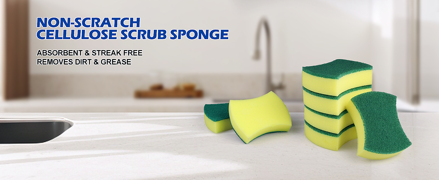 Non-scratch cellulose scrub sponges in yellow and green. Product is absorbent, streak-free, and removes dirt and grease.