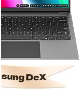Laptop keyboard with colorful backlit top bar. Dark gray keys on a light gray surface. Partial view of 'SamsungDeX' text visible at bottom.