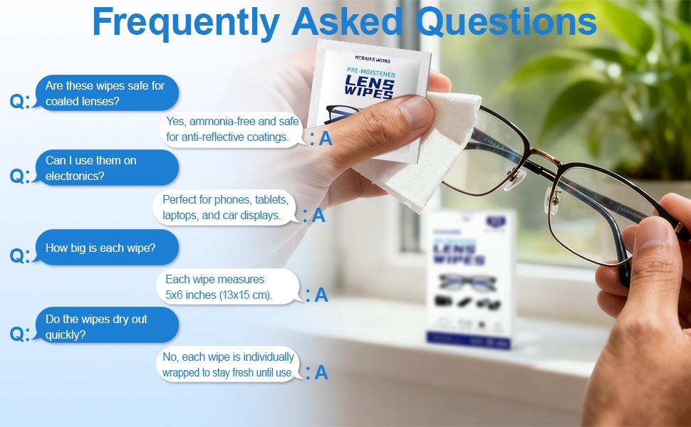 FAQs on lens safety, electronics use, wipe size, and freshness of individually wrapped wipes.