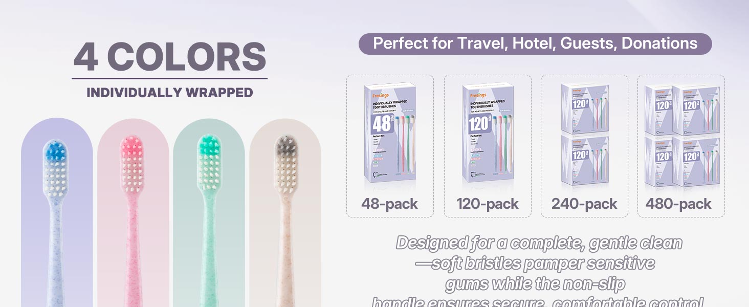 Individually wrapped disposable toothbrushes, bulk 48/120/240/480 packs for travel and hotels