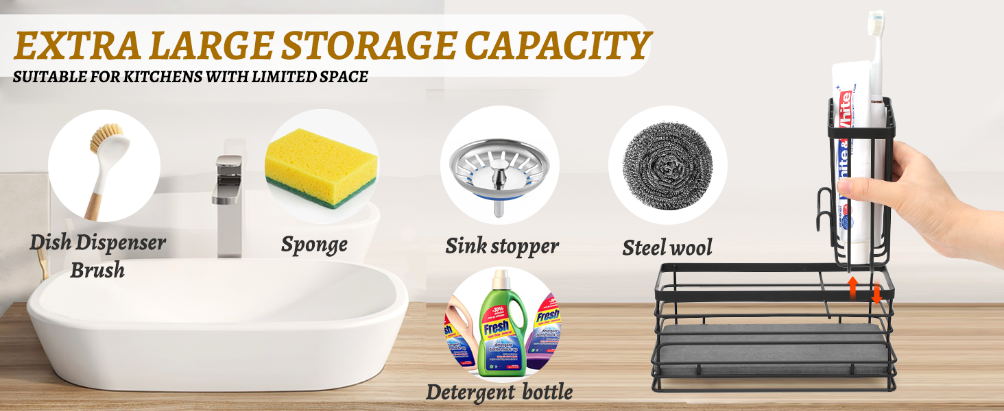 sink caddy keeps sponges, brushes, dish soap, and other kitchen essentials neatly organized