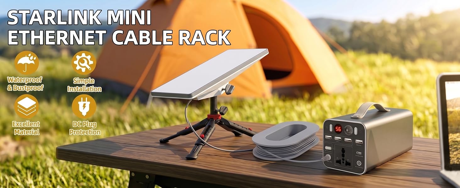 Starlink Mini ethernet cable rack organizer for outdoor camping setup