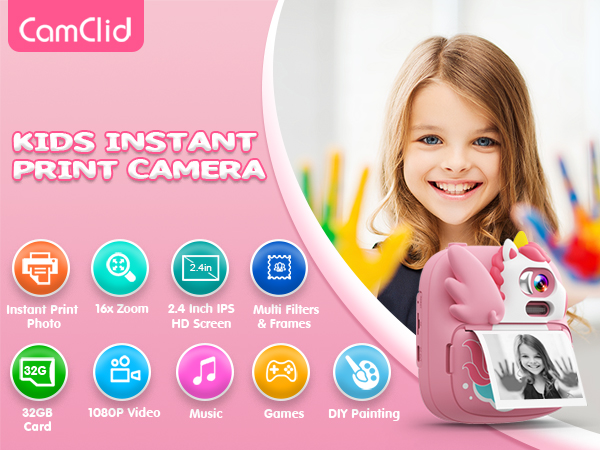 CAMCLID Kids camera print camera for girls unicorn shape 12MP 1080p video recording
