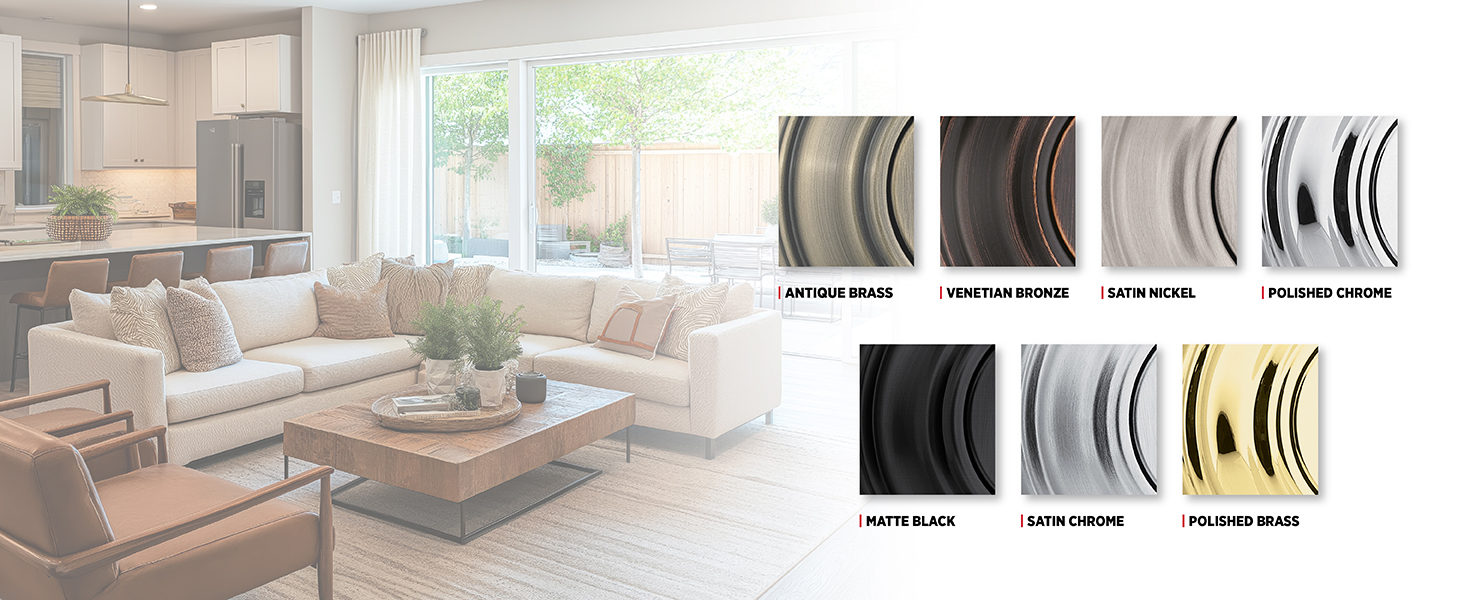 Swatches of 8 finishes including variants of brass, chrome, bronze, matte black, and satin nickel.