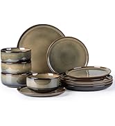 TheTerra Ceramic Dinnerware Sets for 4, 12 Pieces Handmade Reactive Glaze Plates and Bowls Set, S...