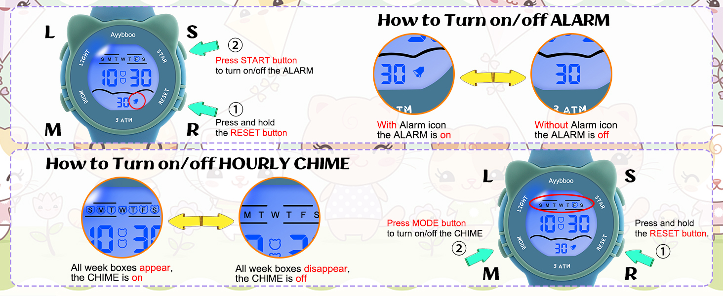 Turns on/off hourly signal sound and kids alarm
