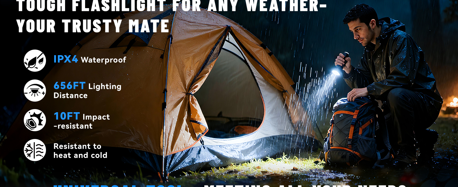 IPX4 Waterproof;656FT Lighting Distance;10FT Impact -resistant;Resistant to heat and cold