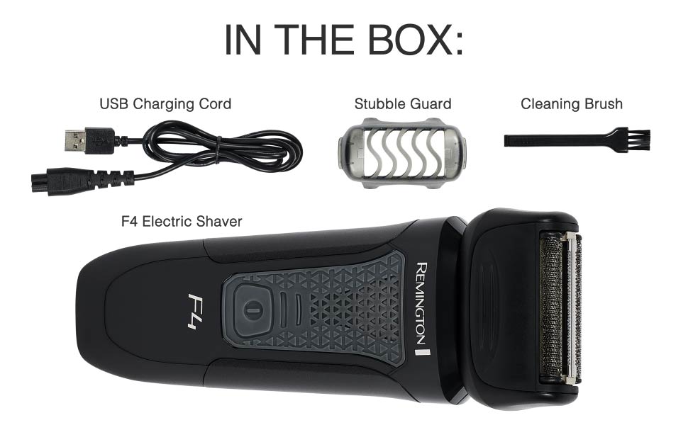 In the box: F4 Foil Shaver, USB Charging Cord, Cleaning Brush, Stubble Guard