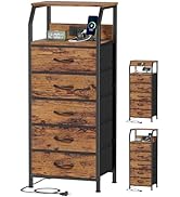 Furnulem 5 Drawers Dresser with Charging Station, Tall Night Stand with Storage Shelf, Fabric Che...
