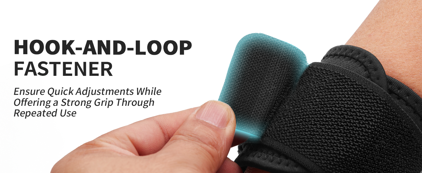 Close-up of a black wrist support with teal padding, featuring a hook-and-loop fastener for quick adjustments and strong grip through repeated use.