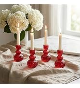 ysnn 4Pcs Red Glass Taper Candle Holders Set,4.3 Inch Elegant Glass Candlestick Holders for Weddi...