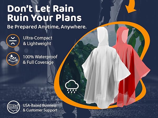 rain poncho packaging shown highlights of waterproof, lightweight, and full coverage features