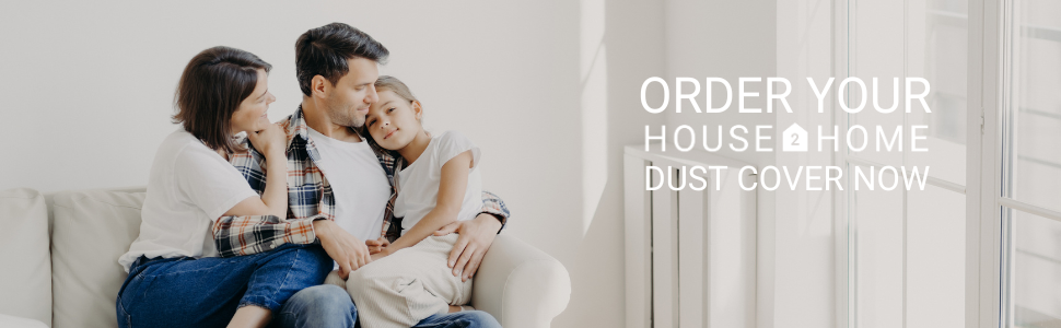 Smiling family relaxing on couch with text overlay reading ‘Order Your House2Home Cambric Now