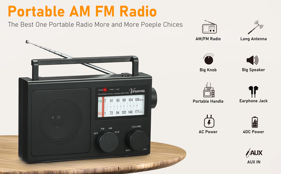 Portable AM/FM Radio with Bass Control