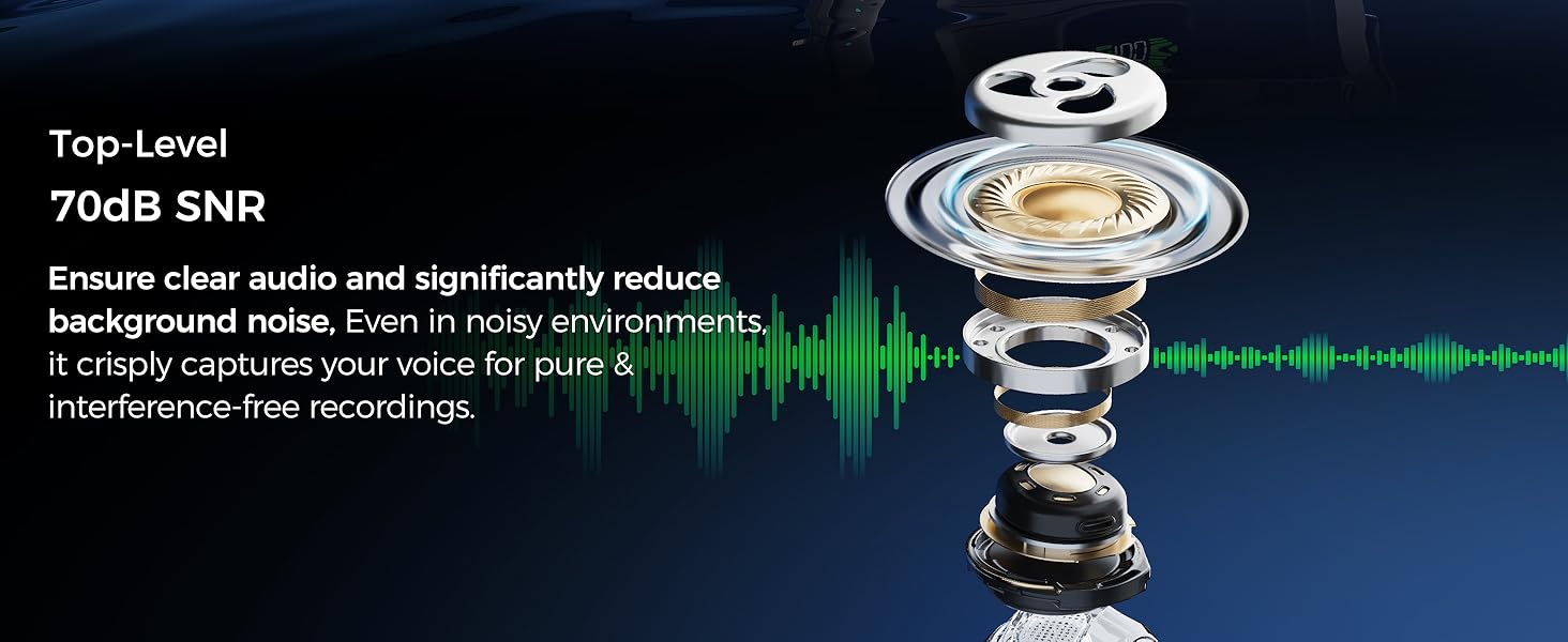 Text reads 'Top-Level 70dB SNR'. Product advertisement showing audio speakers and sound wave visualization against dark blue background with technical specifications.