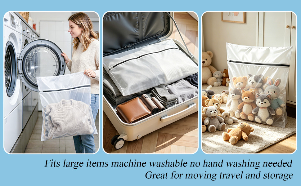 Multi-use laundry bags for washing, travel &amp;amp; storage—fits large items, machine washable.