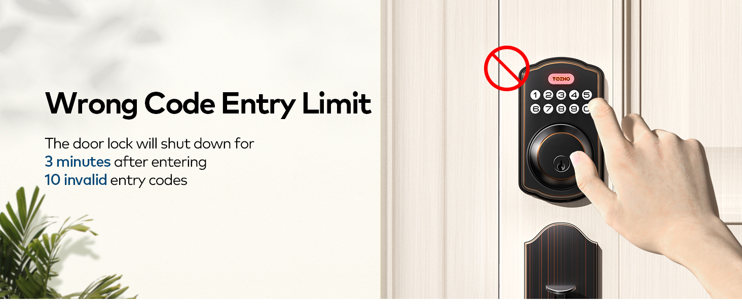 The Wrong Code Entry Limit function locks down for 3 minutes after 10 invalid code attempts.