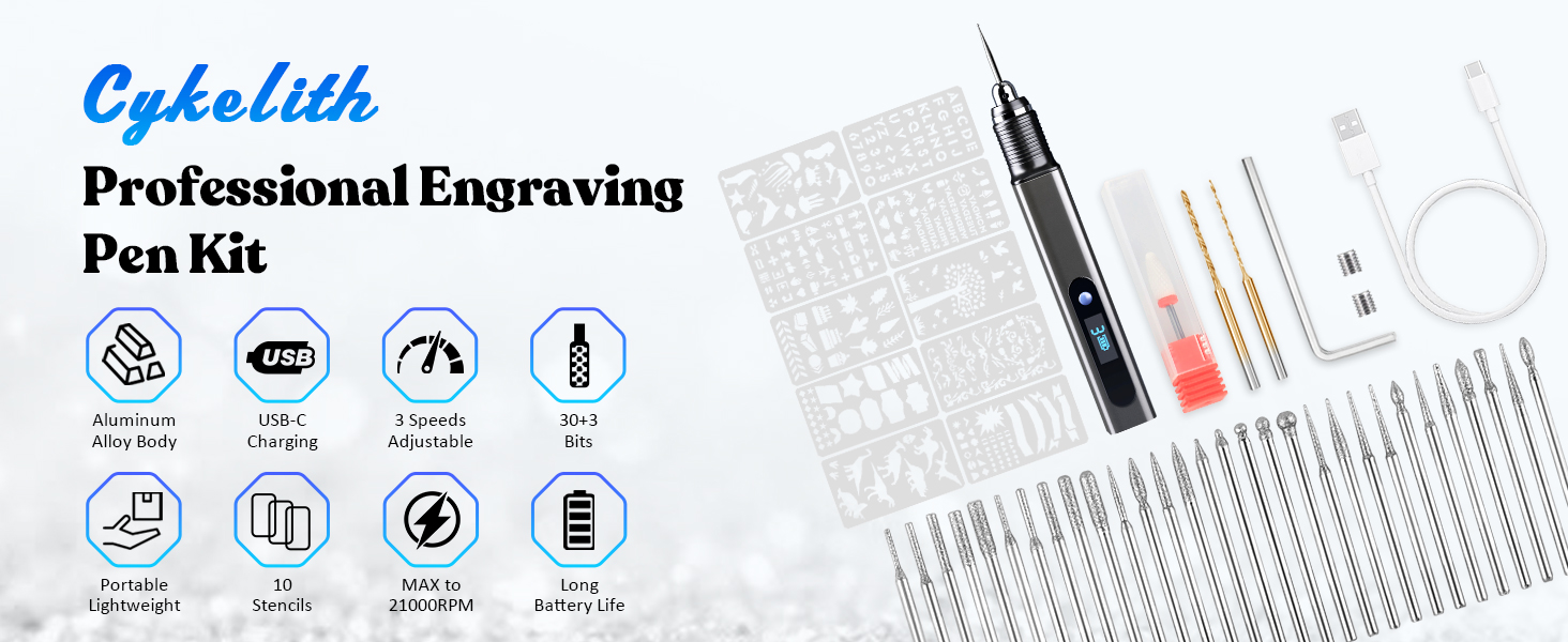 Professional engraving pen kit with electric tool, various tips, stencils, and accessories. Features include adjustable speed, ergonomic design, and compatibility with multiple materials.
