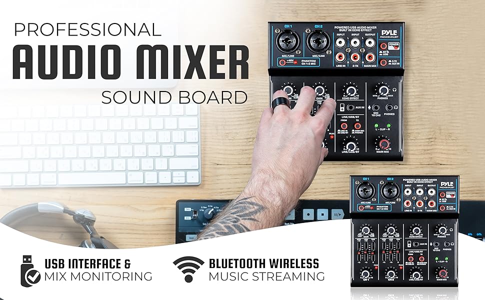 Professional Wireless DJ Audio Mixer - 4-Channel Bluetooth DJ Controller Sound Mixer - USB Audio