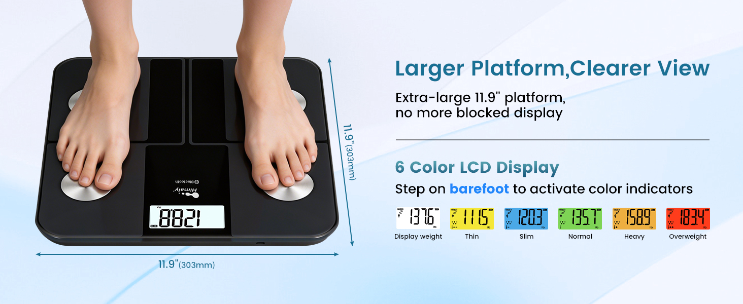 Larger 11.9&amp;#39;&amp;#39; platform, no more blocked display. 6 color LCD display, step on barefoot to unlock