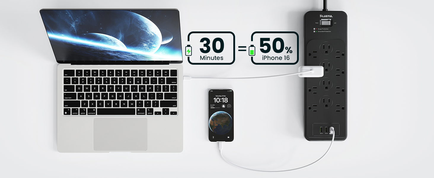 power strip surge protector usb c power strip 10ft 15ft 20ft 25ft extension cord black