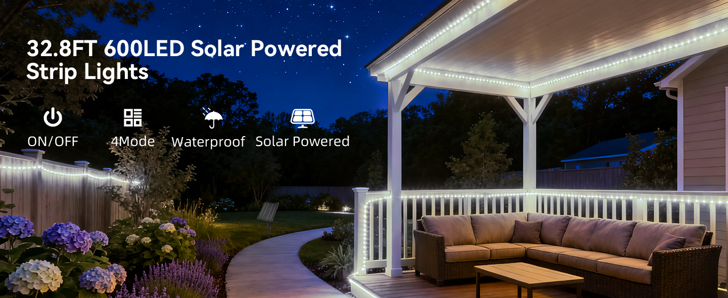 32.8FT 600LED Solar Powered Strip Lights