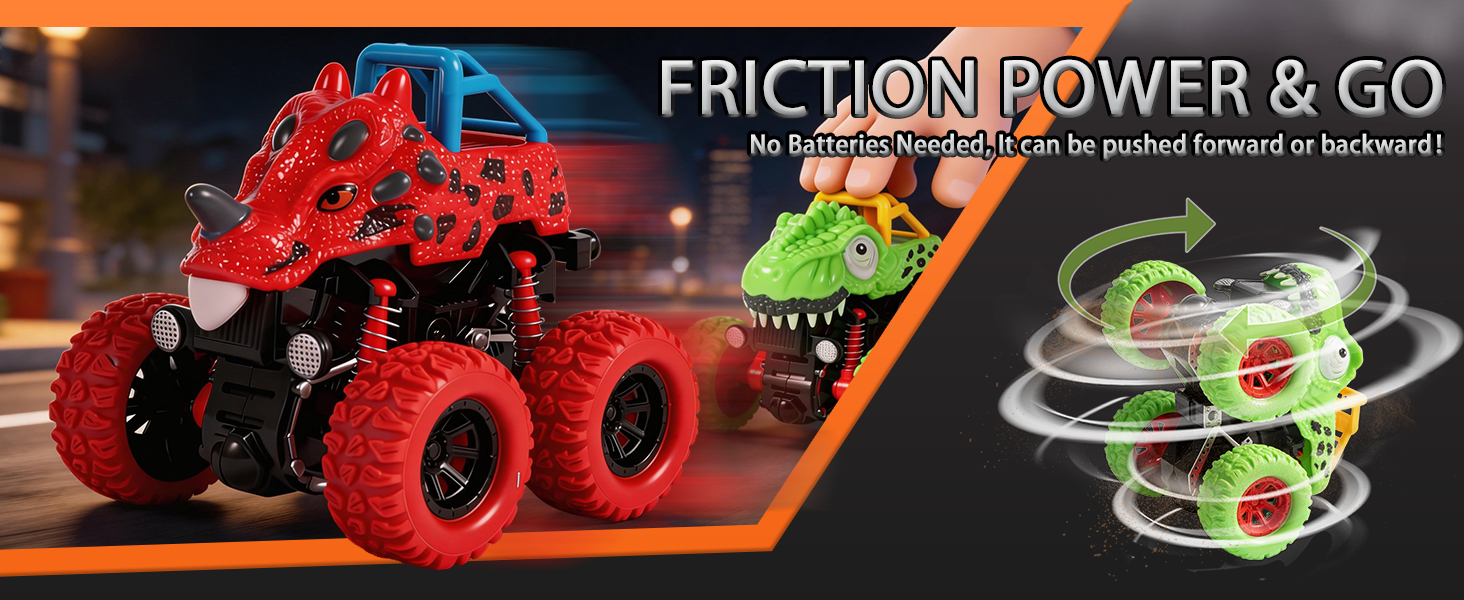 Text reads 'FRICTION POWER &amp; GO'. Red toy all-terrain vehicle and green spinning toy displayed with motion effects on dark background.