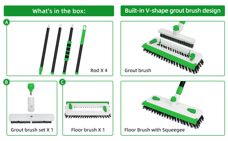 what is in the box, 4 iron pole and 1 grout brush set and 1 floor brush, built-in V-shape brushes 