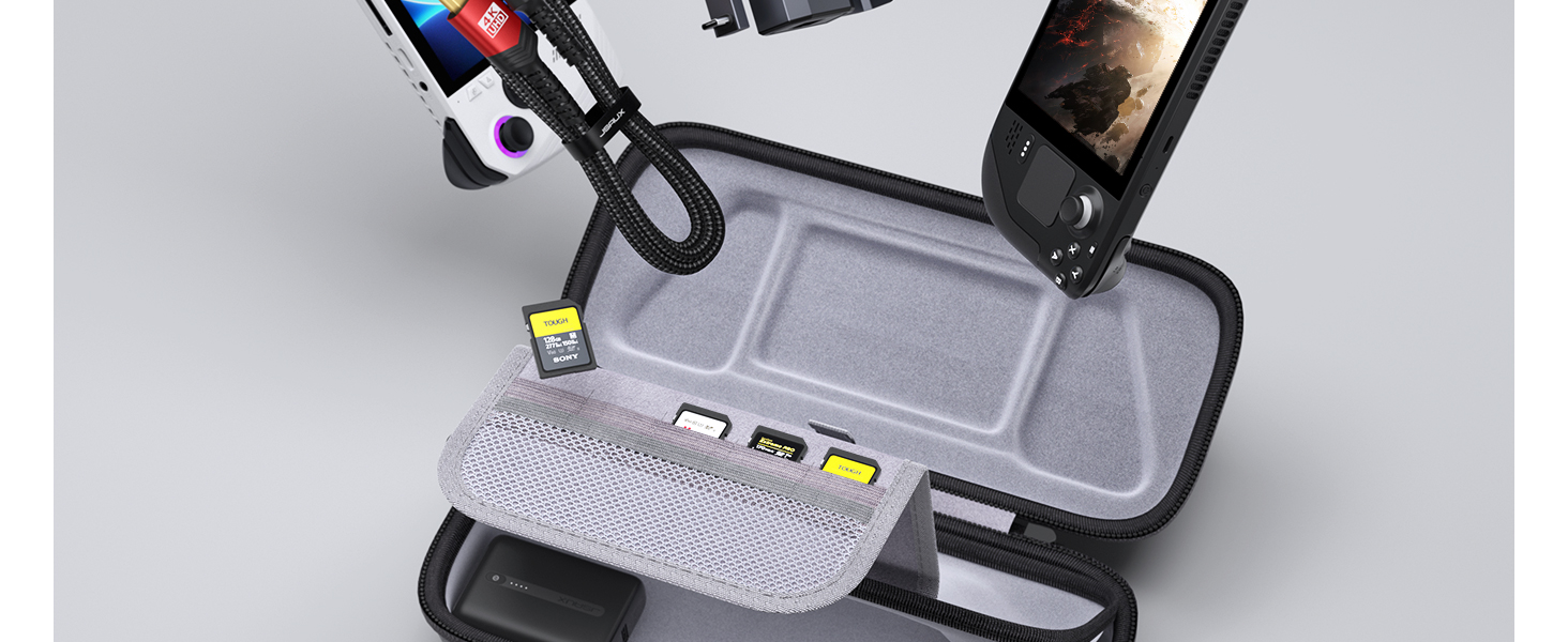 Hands operating a gray electronic device with buttons and a screen. The device appears to be a portable testing or measurement tool.